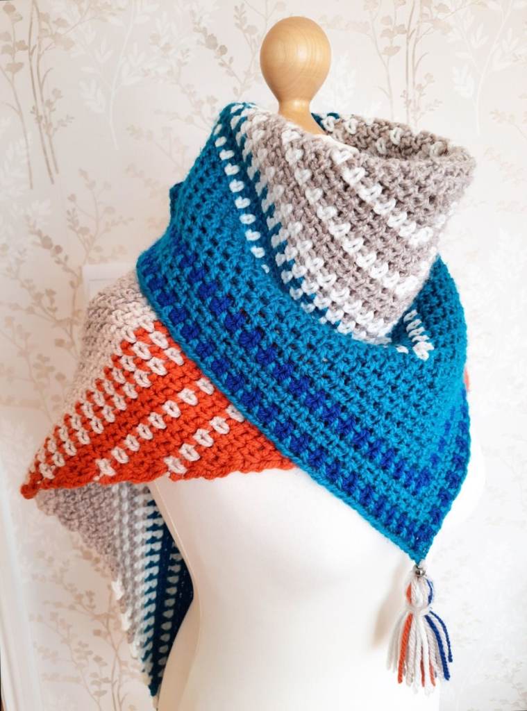 Handmade Warm Shawl for Winter. Striped Knitted Shoulder Wrap. Boho Chunky Crochet Accessory Tassels