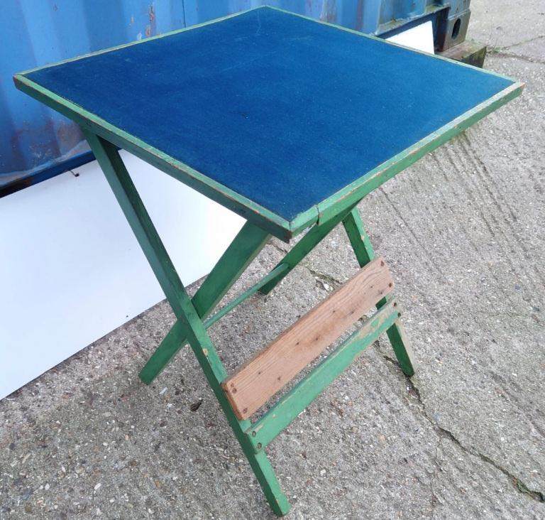 Vintage Blue Baize Felt Square Folding Card Games Table Occasional Table