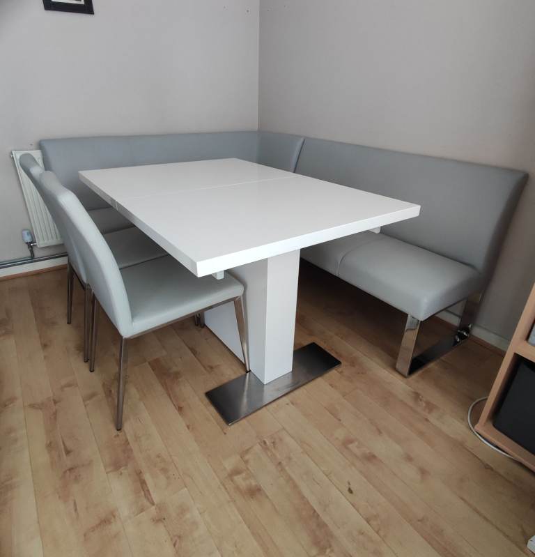 *REDUCED* Modern Danetti white gloss table with corner bench and chairs