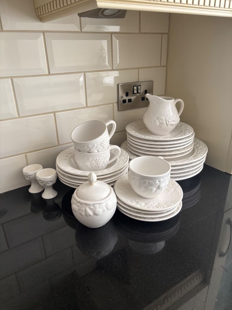 White Ceramic Dinnerware Set - Cups, Saucers, Plates, Milk Jug, Sugar Bowl, Egg Cups