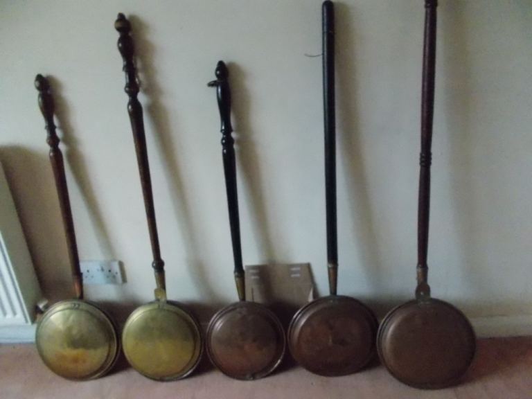 5 Copper Georgian Victorian bed warmer pans