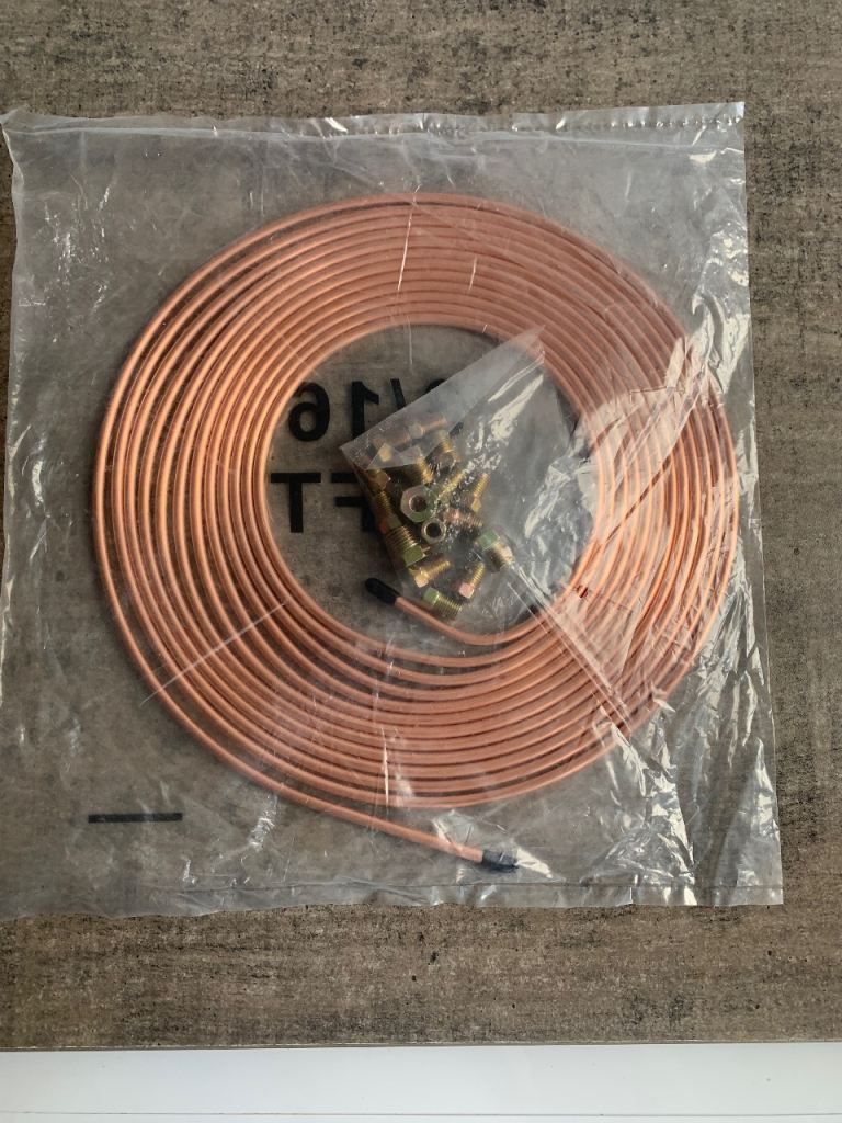 25 foot roll of 3/16 copper brake pipe with connector nuts car van bike caliper