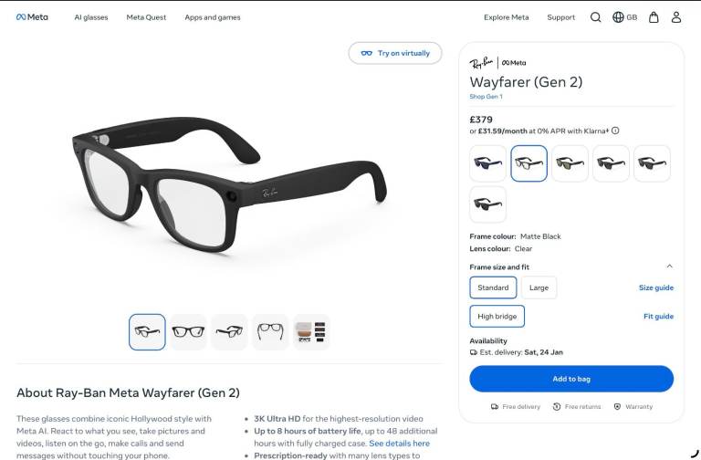 Ray-Ban Meta Wayfarer Gen 2 – Matte Black Frame - Clear Lenses