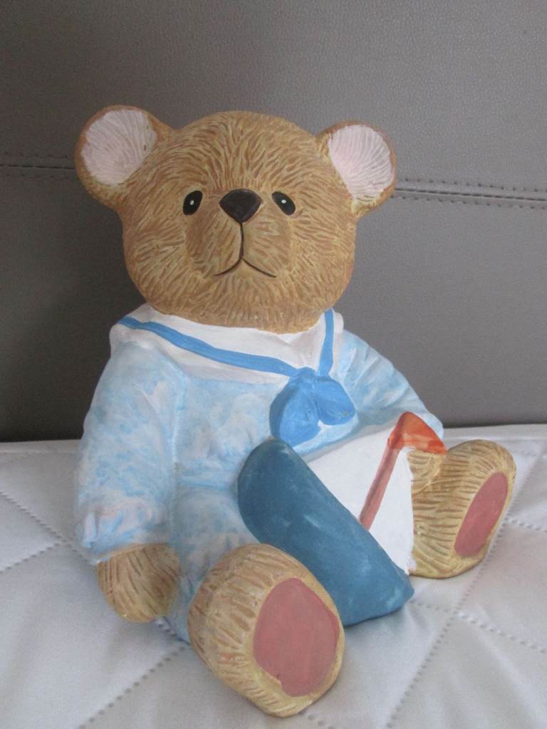 Large pottery Teddy Bear Moneybox. Wearing a Sailor Suit & holding a yacht. Vintage