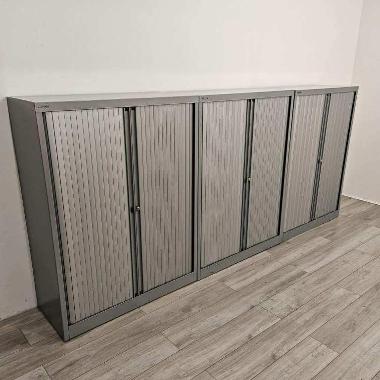 Bisley Mid-Height Office Tambour Cupboard, 3 Adjustable Shelves, Grey, H1340mm (HU700)