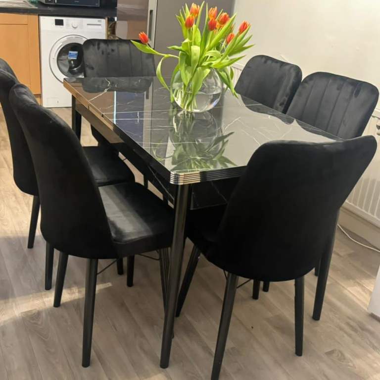 Black Velvet Dining Table and 6 Chairs Set