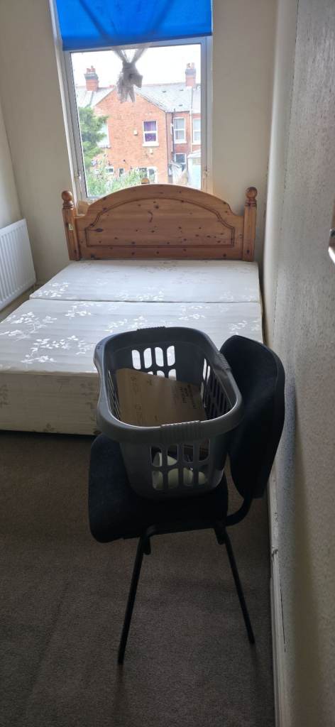Pine headboard Double Bed with Mattress – Good Condition