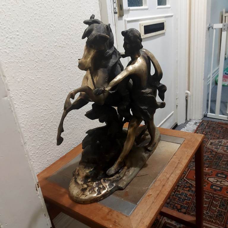 Rare large 18 inch antique 19th century heavy bronze man & horse statue/sculpture