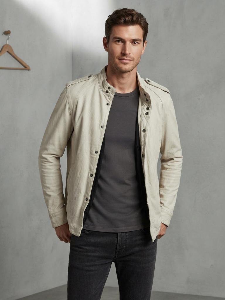 AllSaints Men's Military Biker Style Leather Jacket – Off-White / Cream RRP £400
