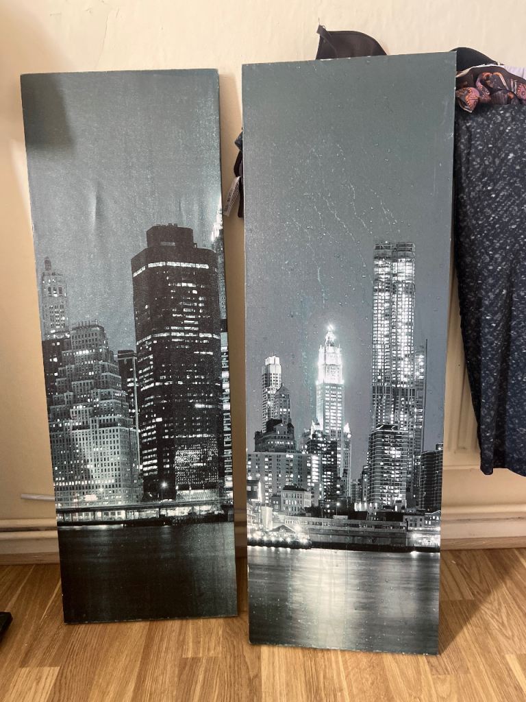 Two Cityscape Art Canvases – Grey, Good Condition