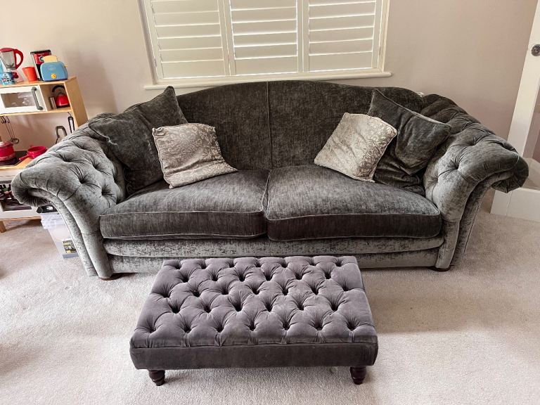 Grey Velvet Chesterfield Sofa with matching tufted footstool — very good condition