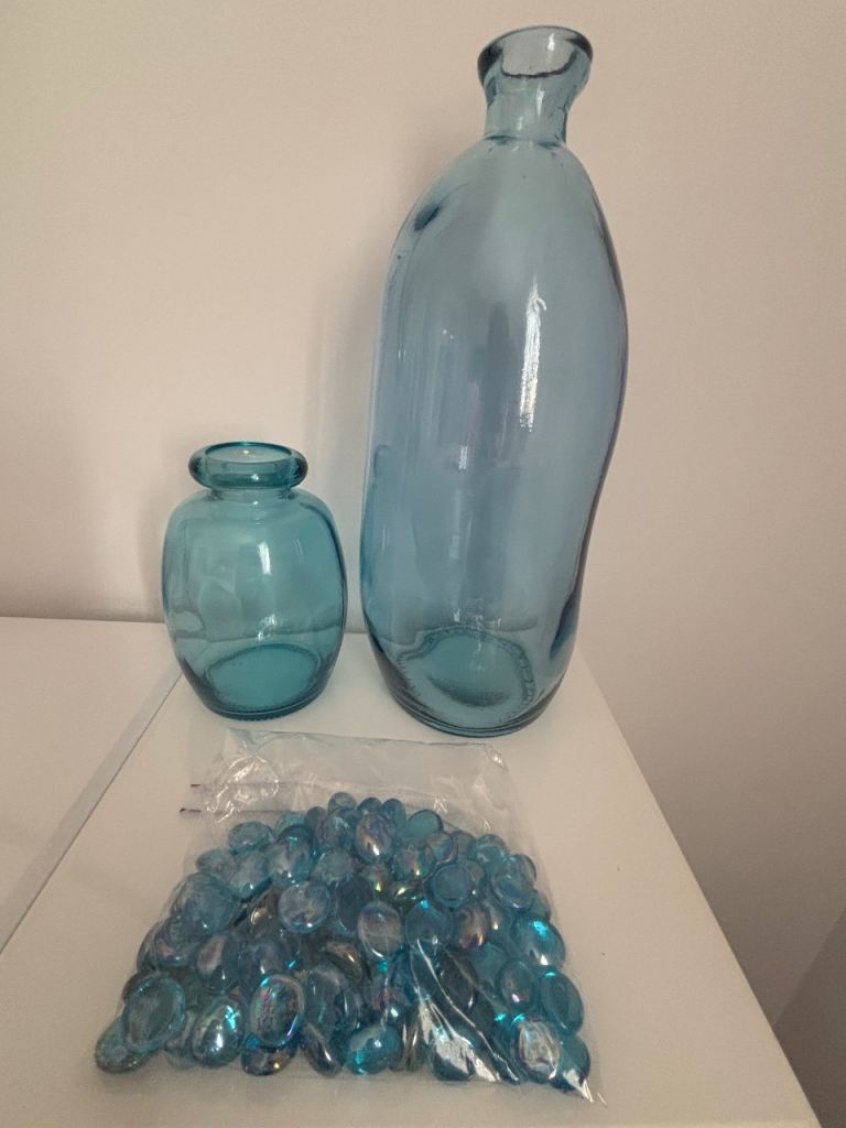 Pair of blue glass vases and accessories 