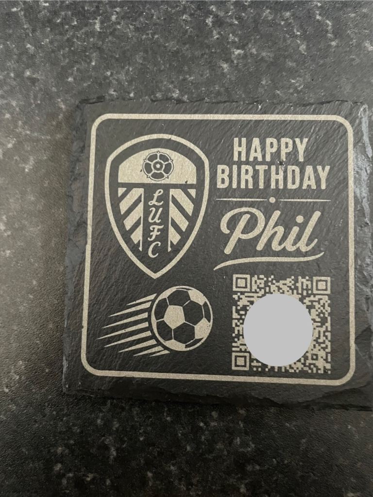 New Square Slate Coasters - Leeds United with QR CODE ANY SONG OF YOUR CHOICE 