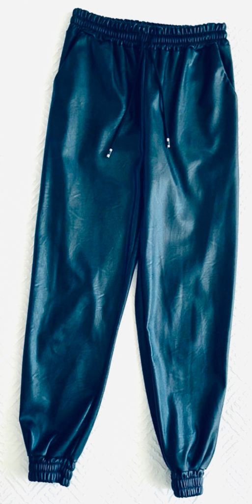 Black Faux Leather Trousers Joggers Size S/M Elastic Drawstring Wet Look