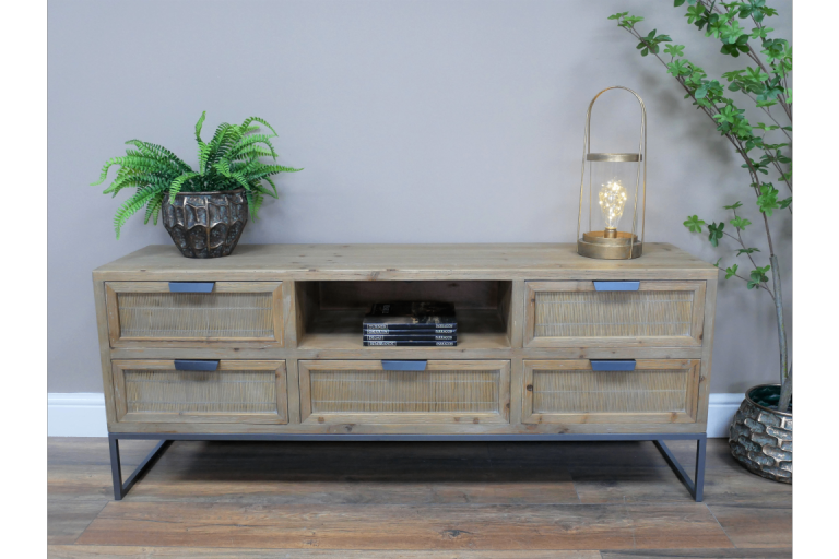 Industrial Styled Solid Wood TV Cabinet with 5 Drawers & 1 Shelf Supported By A Metal Base. 