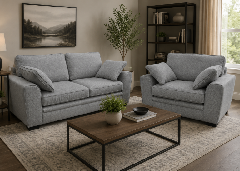 Next 'Stamford' Large 2 Seater Sofa with Cuddle chair Grey Silver Weave Fabric