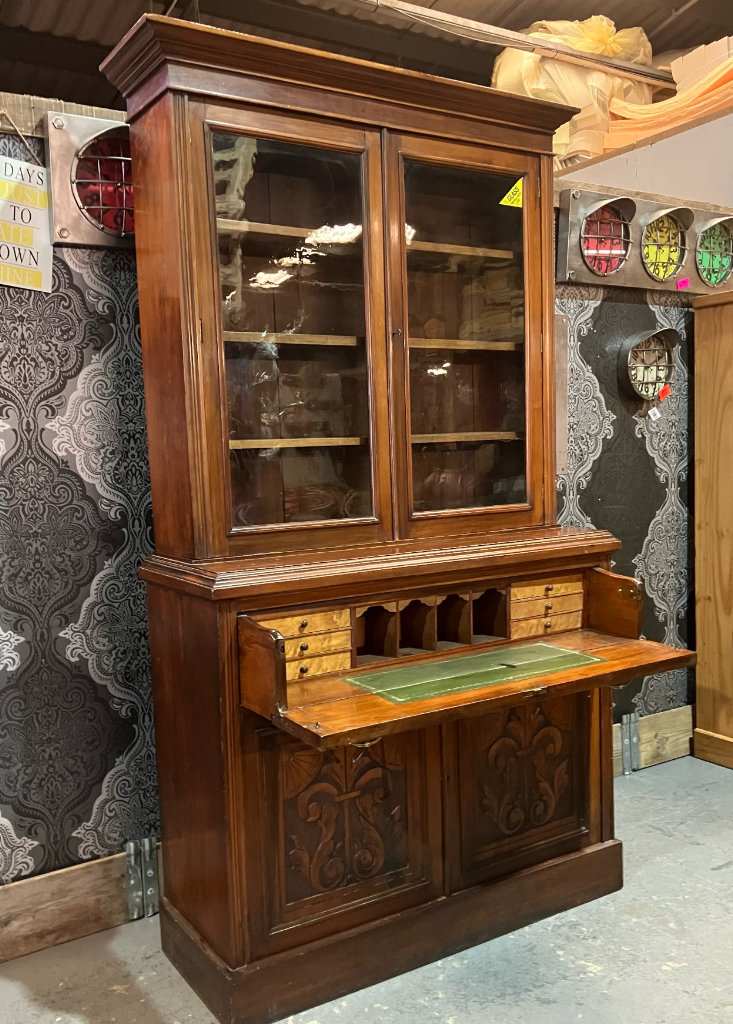 Stunning Handsome Vintage HUGE Oak Bookcase Secretaire Desk Cabinet with Glass Doors- Delivery