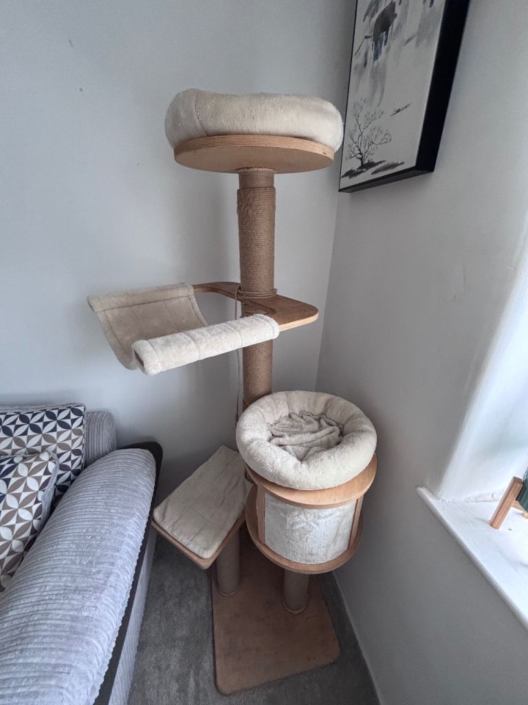 Premium Wooden Cat Tree Tower with Hammock & Condo – Washable Covers