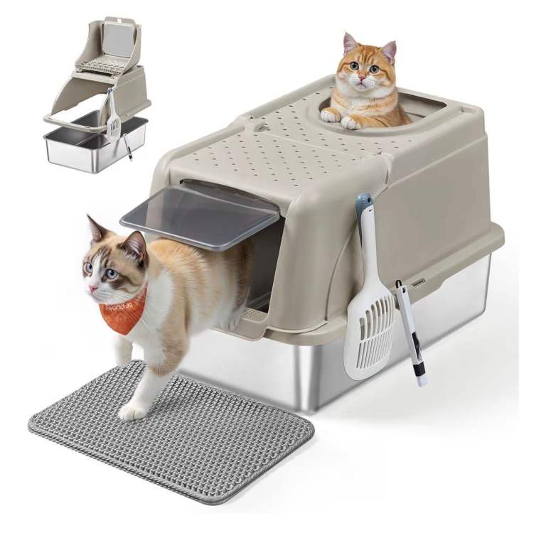 Feandrea beige/stainless steel cat litter box with flip lid brand new