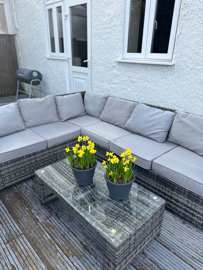 Rattan Corner Sofa Set with Glass Top Coffee Table – Grey, Good Condition