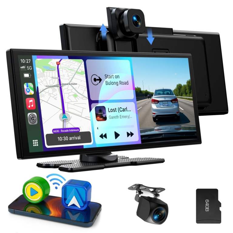 LAMTTO Wireless CarPlay Android Auto Display 10.25-inch Touchscreen Car Play  Dashcam Front Rear