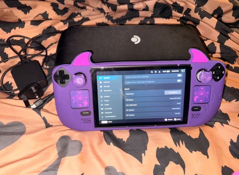 Valve Steam Deck with Purple Case and Charger