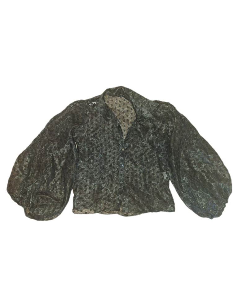 Stylish Grey Patterned Womens Shirt with Puffy Sleeves – Good Condition