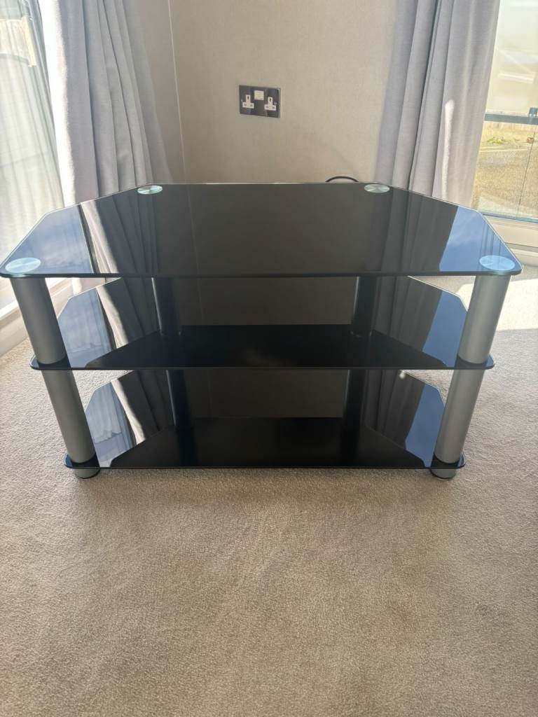 Black Glass TV Stand with Silver Legs – Good Condition