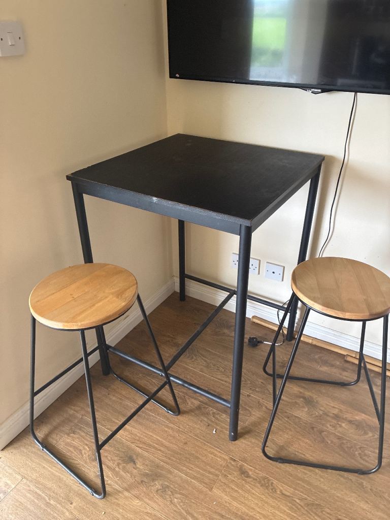 Black Bar Table with Two Wooden Stools – Good Condition