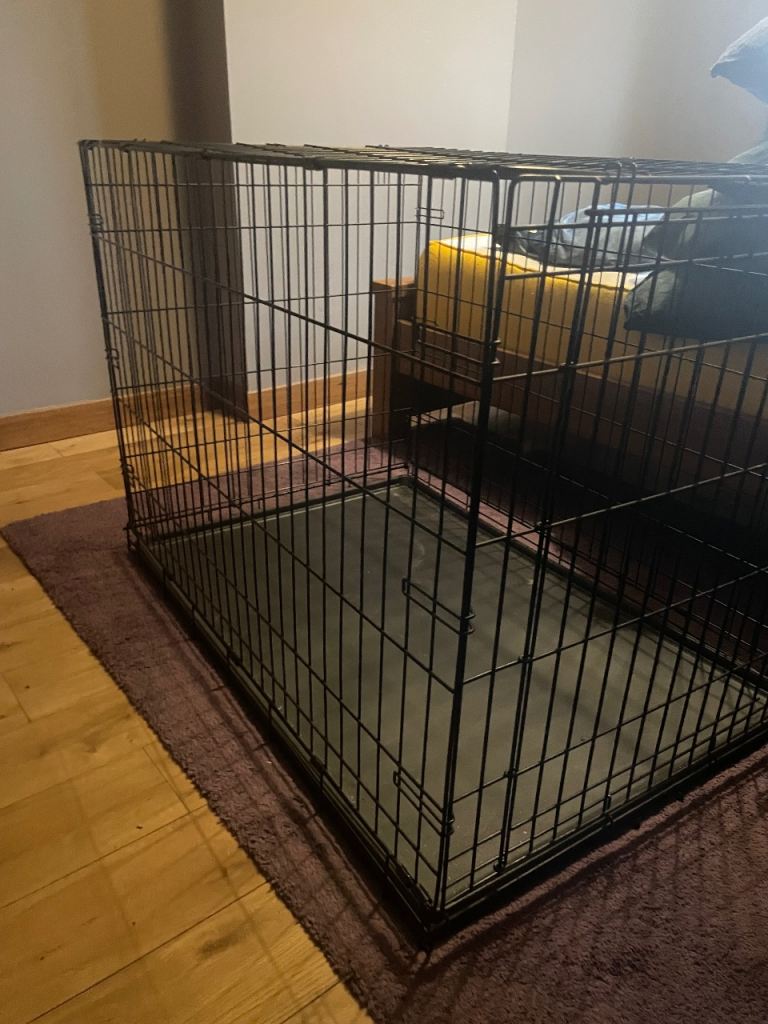 Large black dog crate with tray