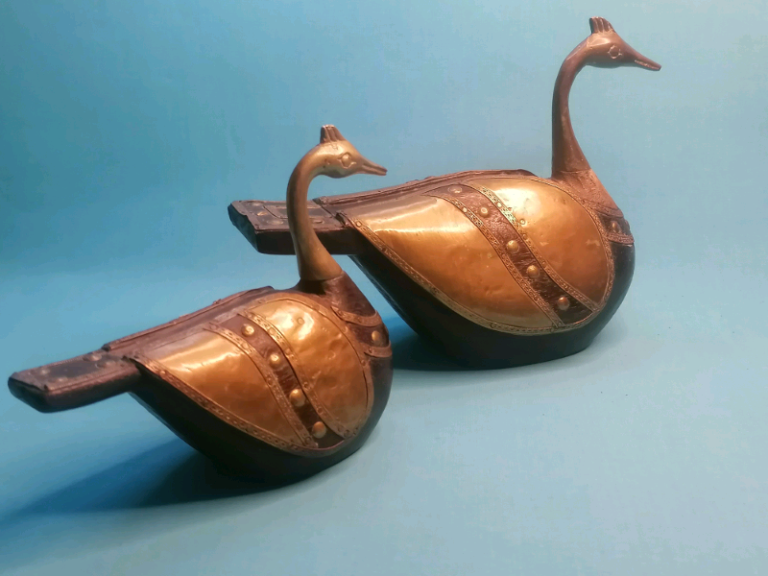 Antique Wooden Birds Hand Carved With Brass Detailing 19th Century. 
