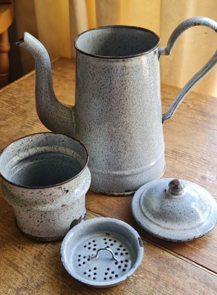 Antique Rare French 4 Piece Drip Blue Mottled Enamel Coffee Pot Cafeteria