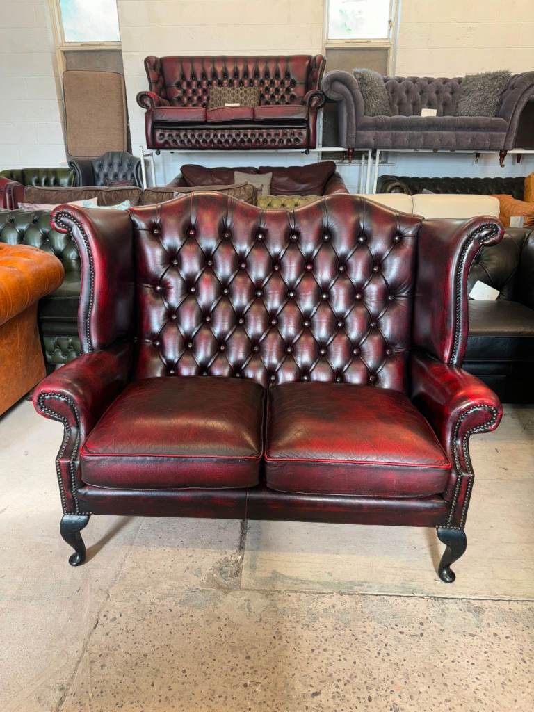 Chesterfield Oxblood Real Leather Wingback 2 Seater Sofa Deliv Poss