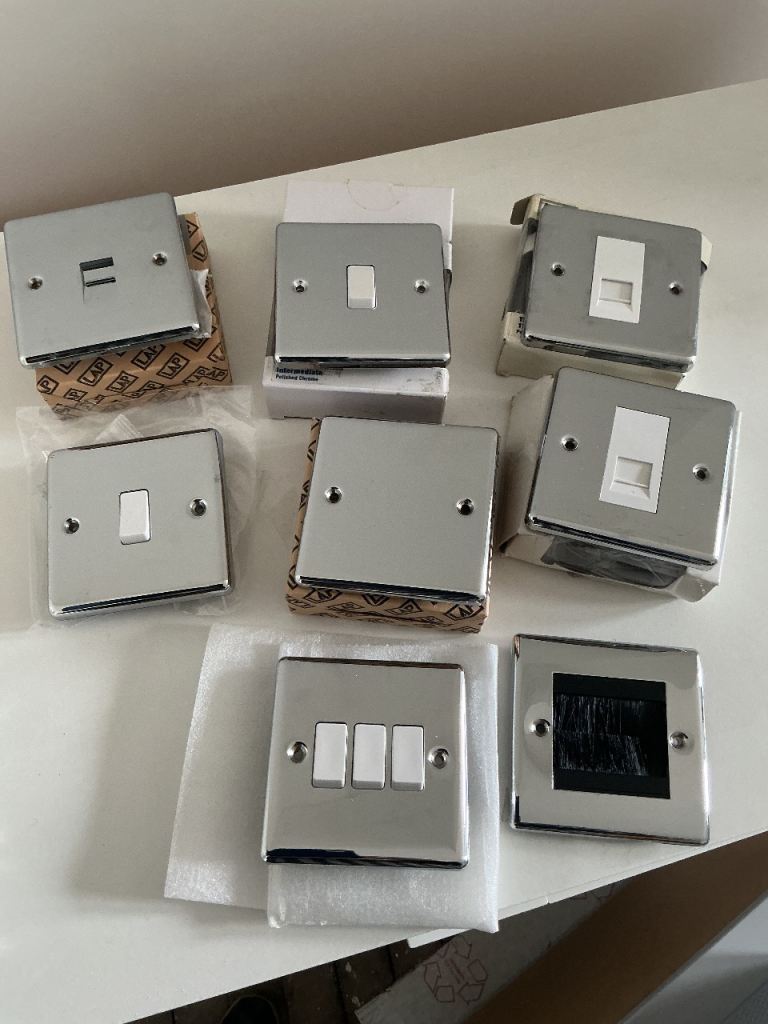 Bundle New LAP Polished Chrome Electrical Socket / Switch x 8 Items ( Raised Round Profile )