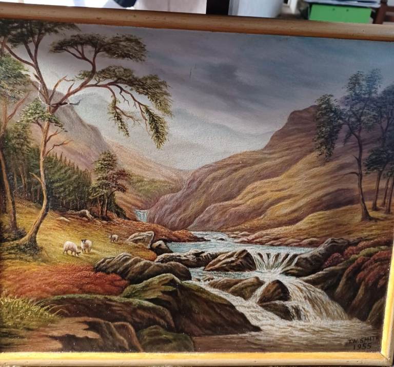 T.W Smith 1955 Framed Oil Painting - Mountain Landscape with Sheep