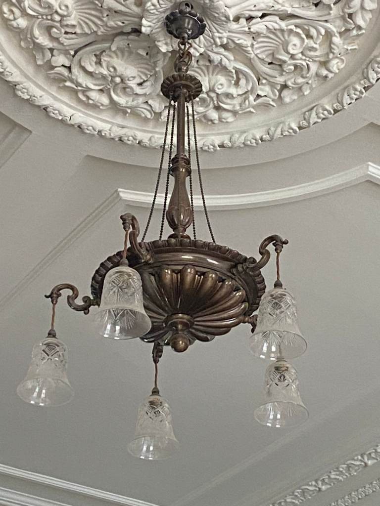 Vintage Bronze Chandelier with Glass Shades – Good Condition