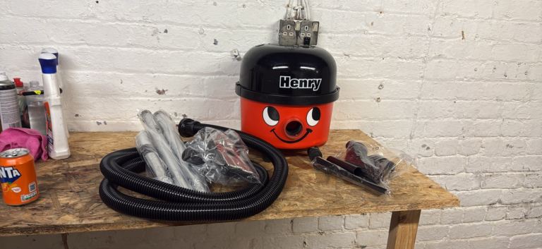 Red Henry Numatic cylinder vacuum cleaner - new pipes 