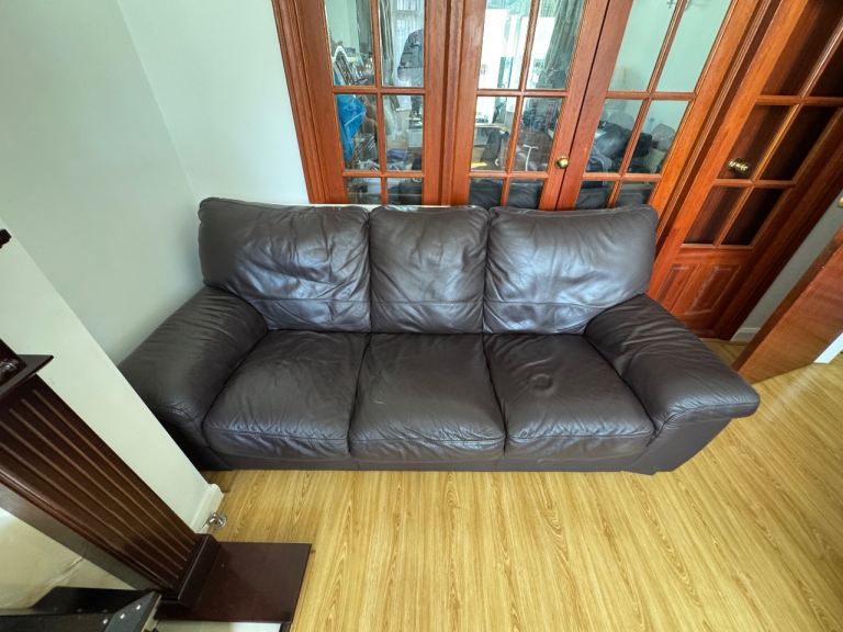 Two Brown Leather 3-Seater Sofas For Free – Fair Condition - FREE!