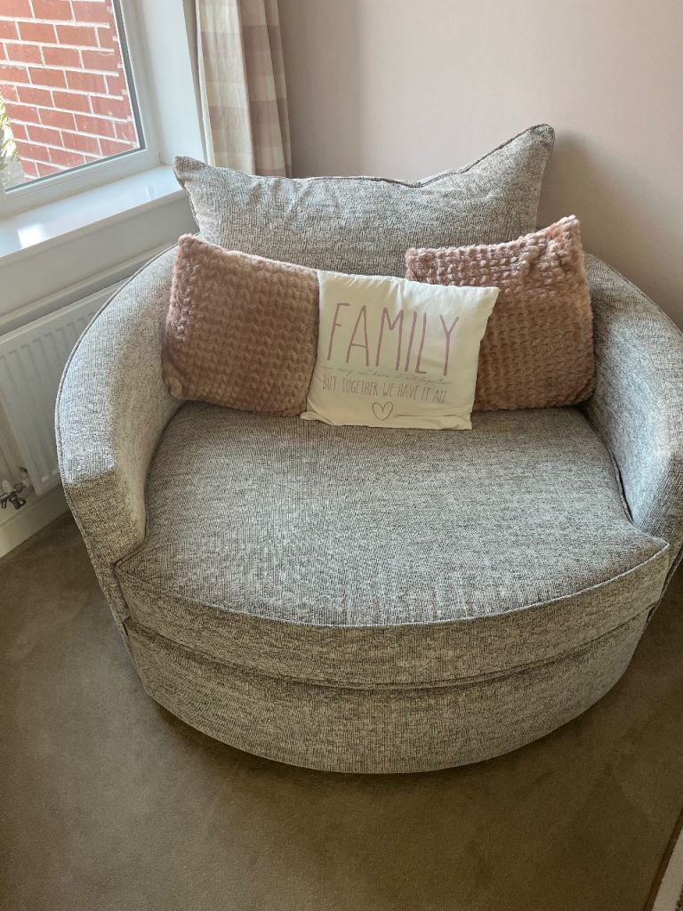 Large Grey Fabric Swivel Cuddle Chair – Good Condition