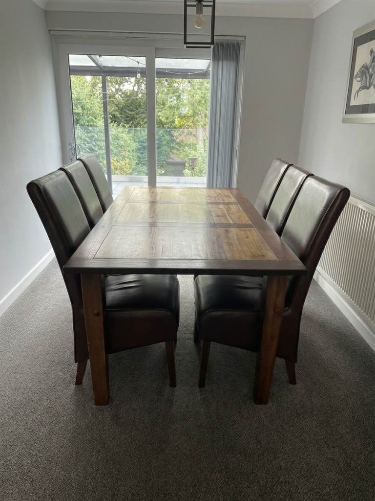 Large Cousins Solid Wood Dining Table & 6 Leather Chairs