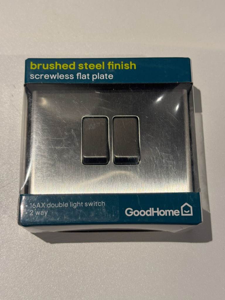 GoodHome Brushed Steel Double Light Switch (2-Gang, 2-Way, 16AX) 4 Available