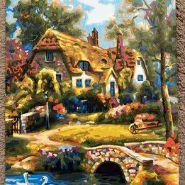 Country Cottage Painting in Frame