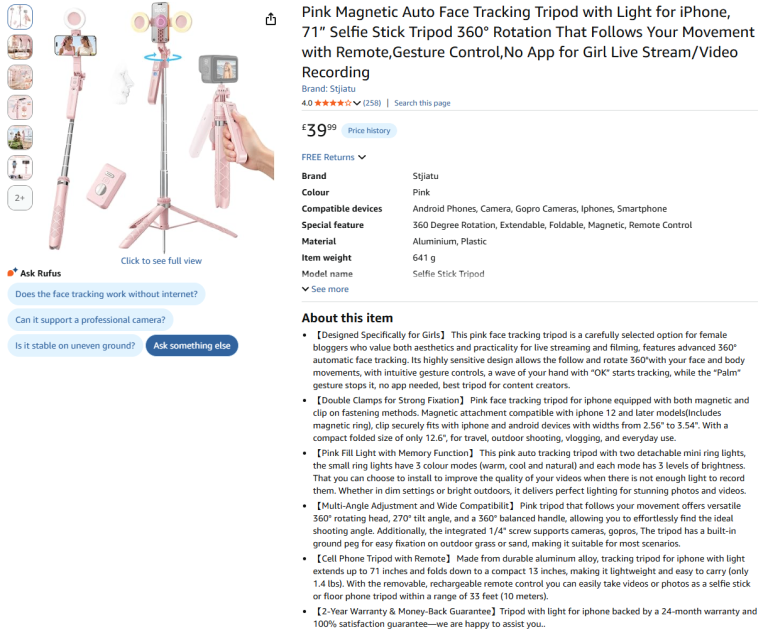 Brand New Sealed Pink Magnetic Auto Face Tracking Tripod with Light - 48% Off!