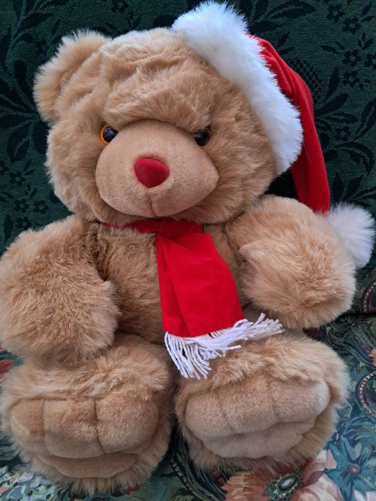 Vintage Jade Christmas Teddy Bear Plush Soft Toy Sitting with Santa Hat and Scarf
