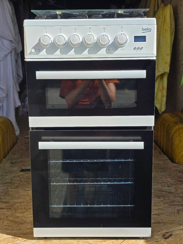 Beko edg506 50cm Double Oven Gas Cooker with Glass Lid - White