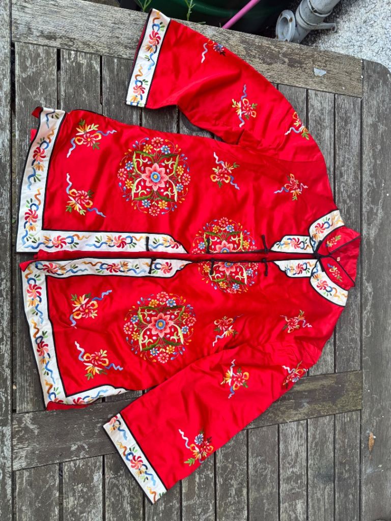 Beautiful Red Silk Embroidered Jacket and trousers - As Good As New