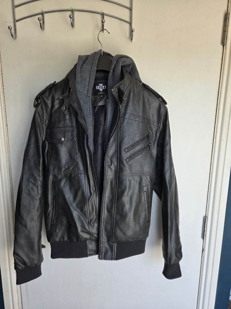 Men's Hood Crew Black Faux Leather Jacket with Removable Hood