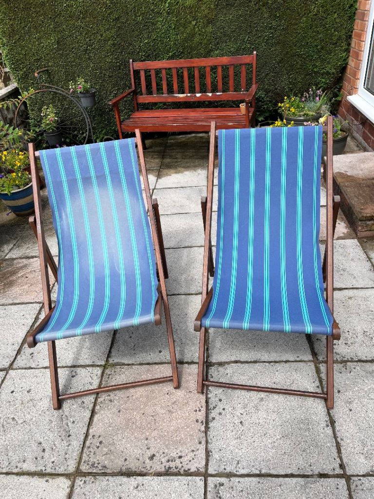 Two Wooden Deck Chairs – Blue Striped Fabric, Good Condition