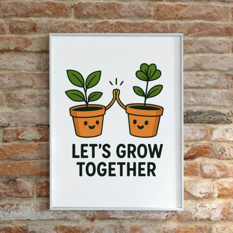 Framed 'Let's Grow Together' Plant Print – White Frame