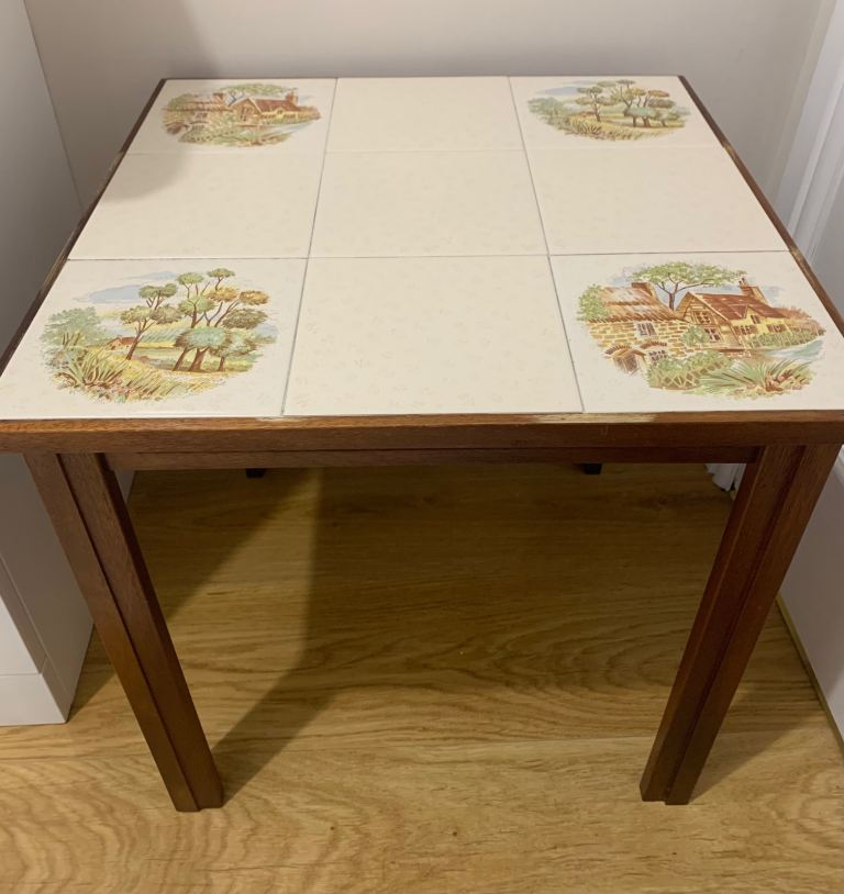 Handcrafted  retro coffee table from 1970s with cottagecore tiles 